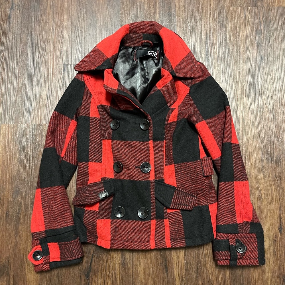 Fox Racing Buffalo Plaid Wool Blend Y2K Pea Coat